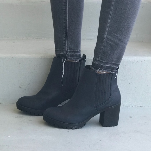 Navy Blue Bold Lug Sole Chunky Heel Ankle Booties - Picture 2 of 6